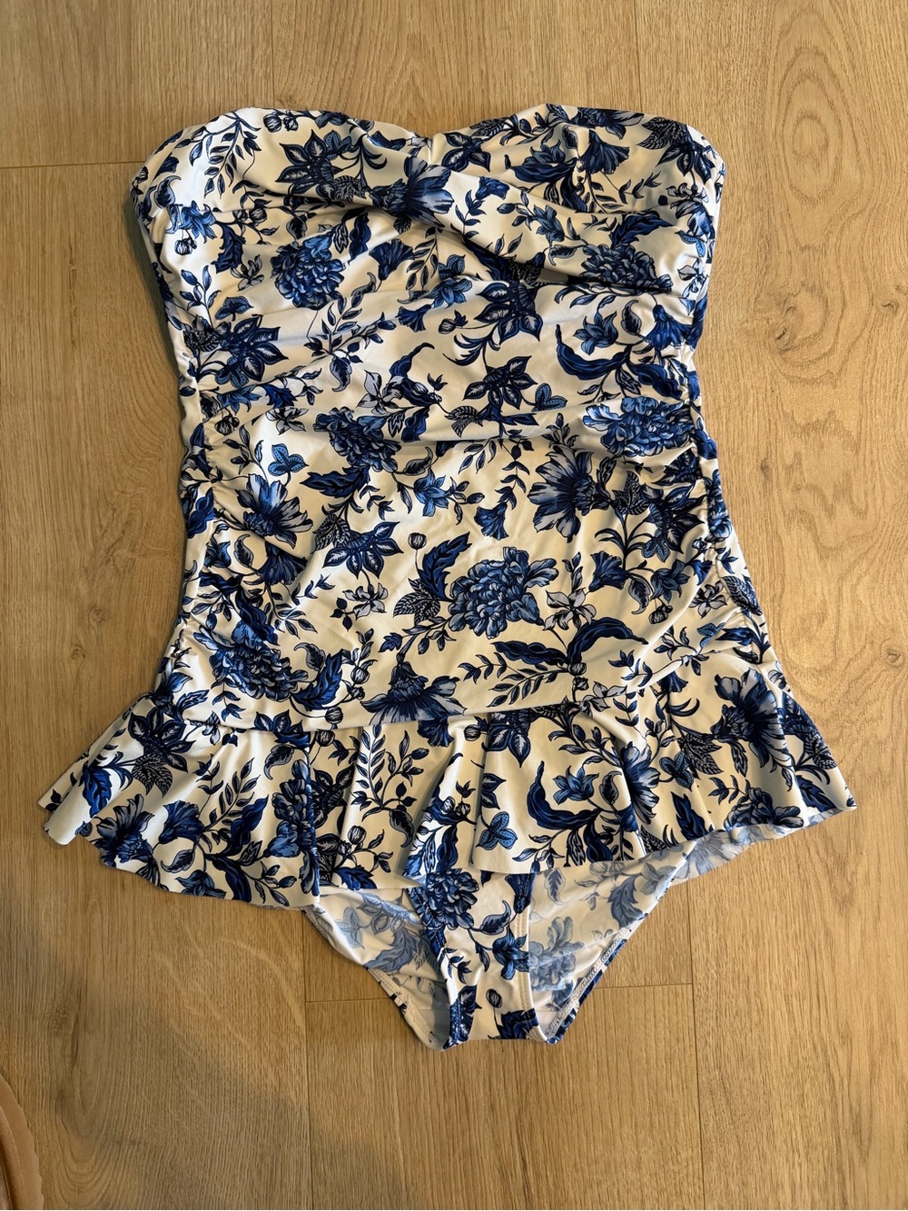 Lauren Ralph Lauren One Piece Swimsuit Skirted Floral Blue White Strapless 14